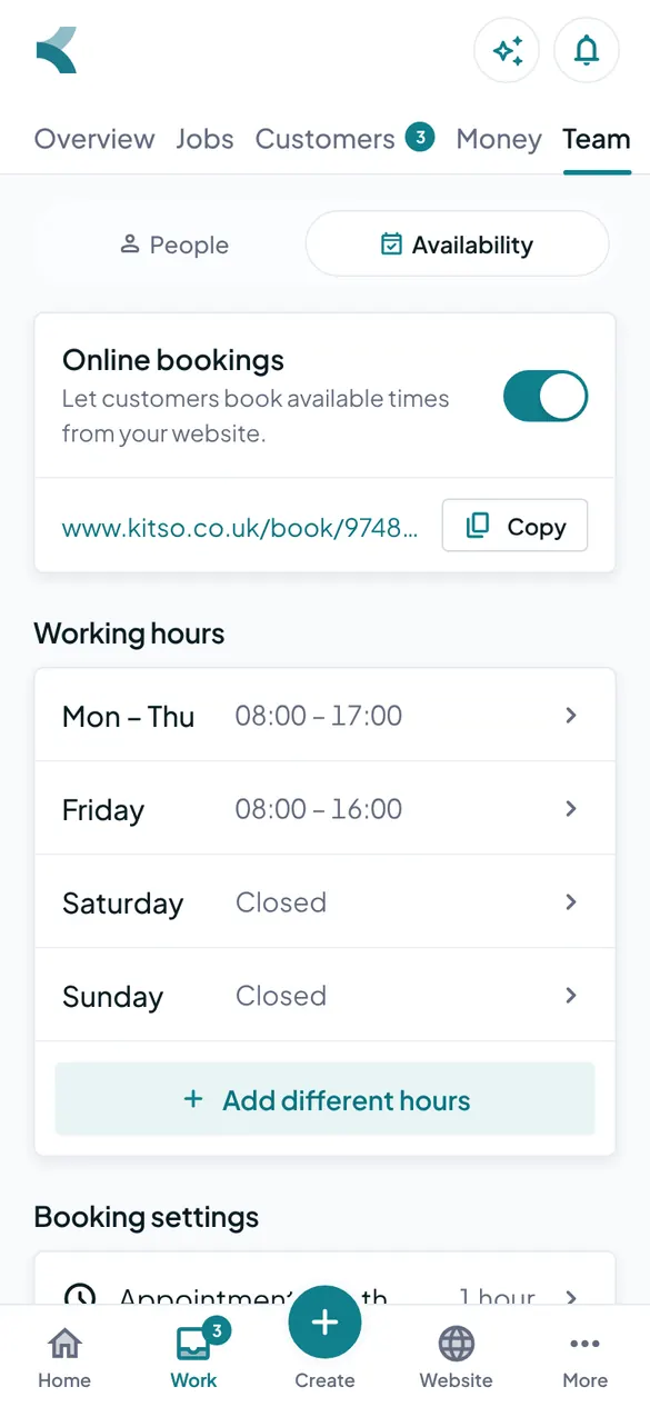 Availability, with the hours customers can book