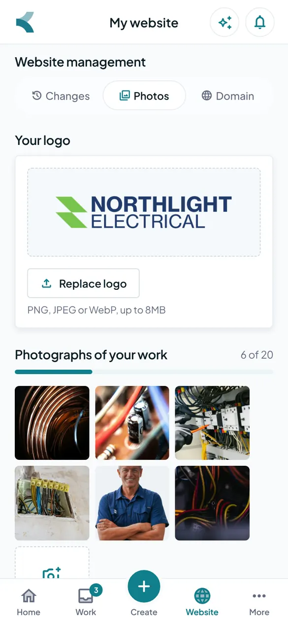 My website's Photos tab, with the logo and photos of the work