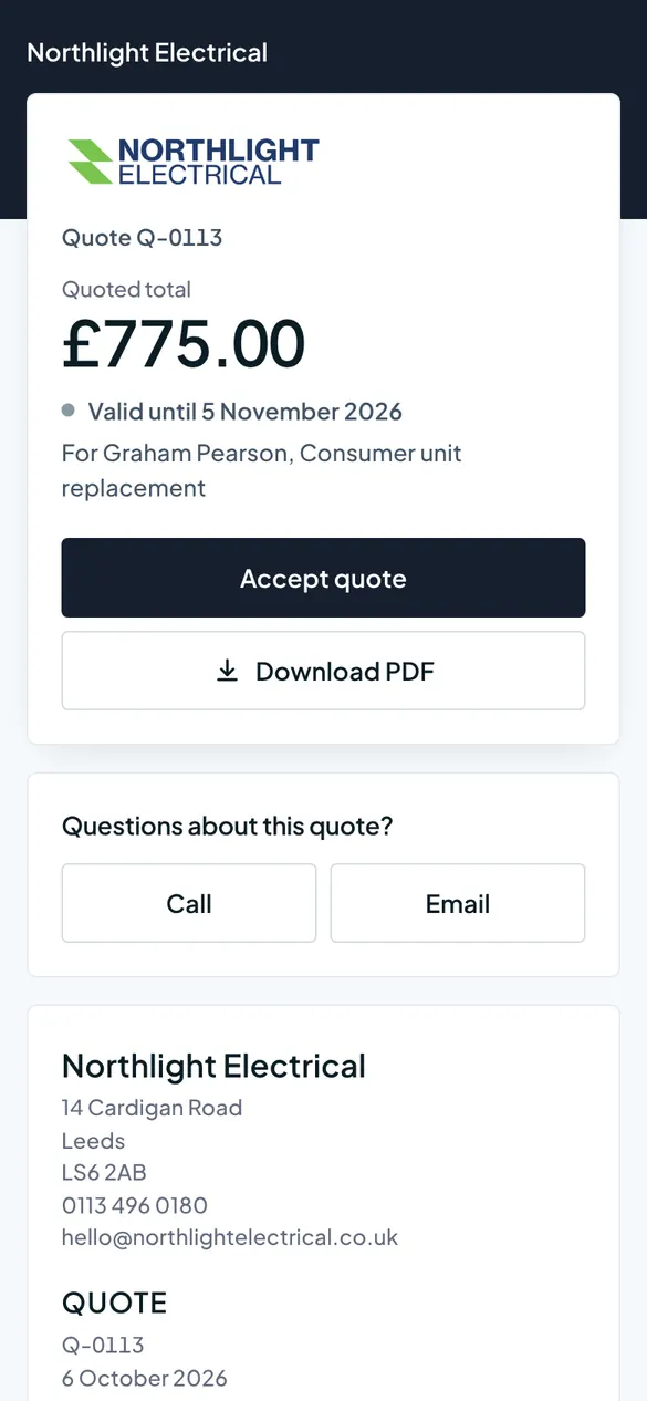 The quote as the customer sees it, with Accept quote