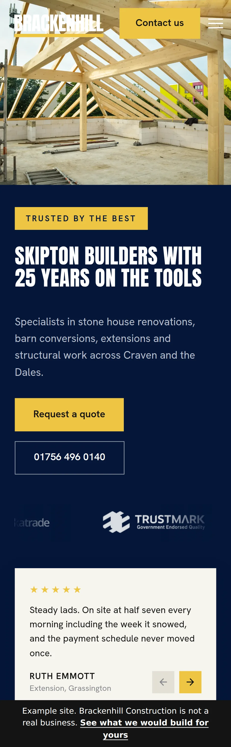 An example Kitso website for a building firm, on a phone