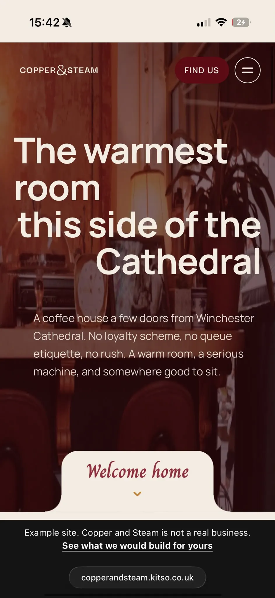 An example Kitso website for a coffee house, on a phone