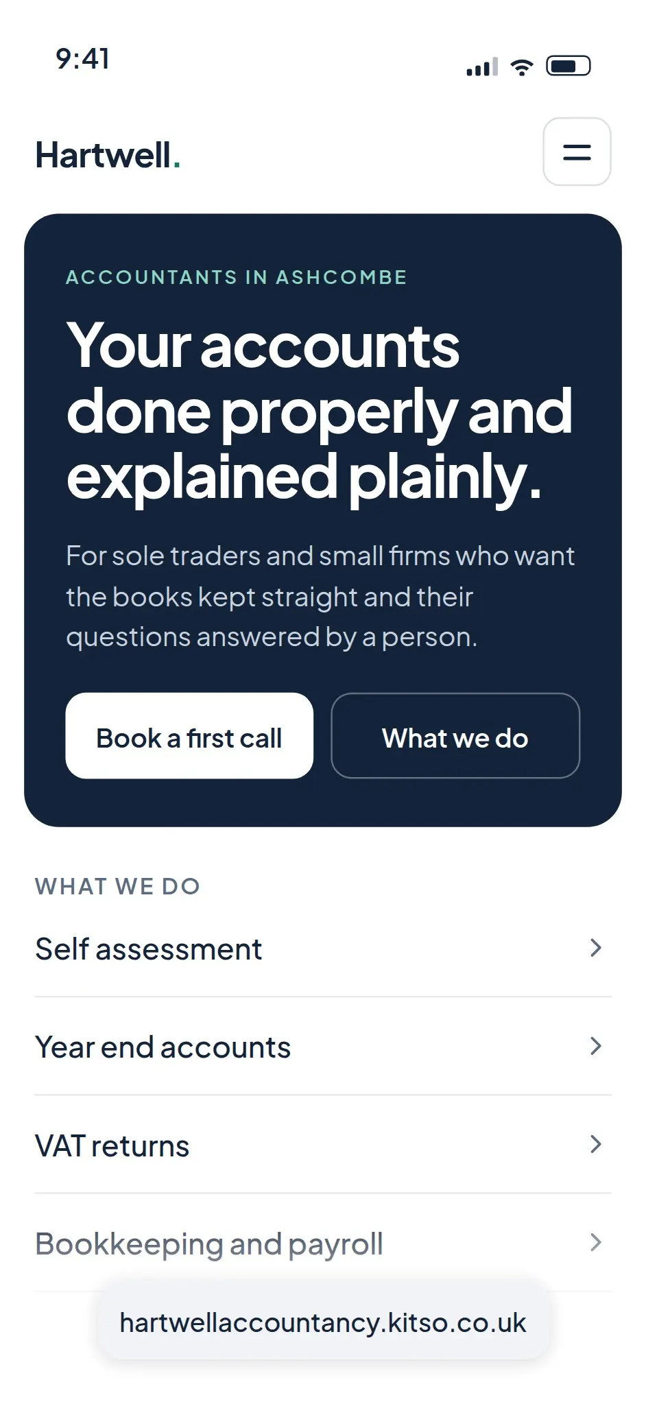 An example Kitso website for an accountancy practice, on a phone